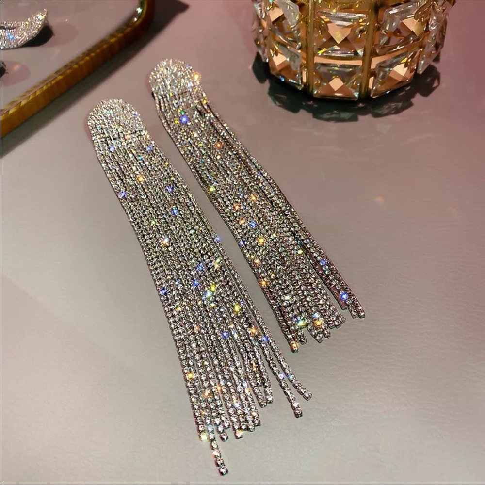 NEW DIAMOND STERLING SILVER LONG TASSEL EARRINGS - Picture 3 of 6